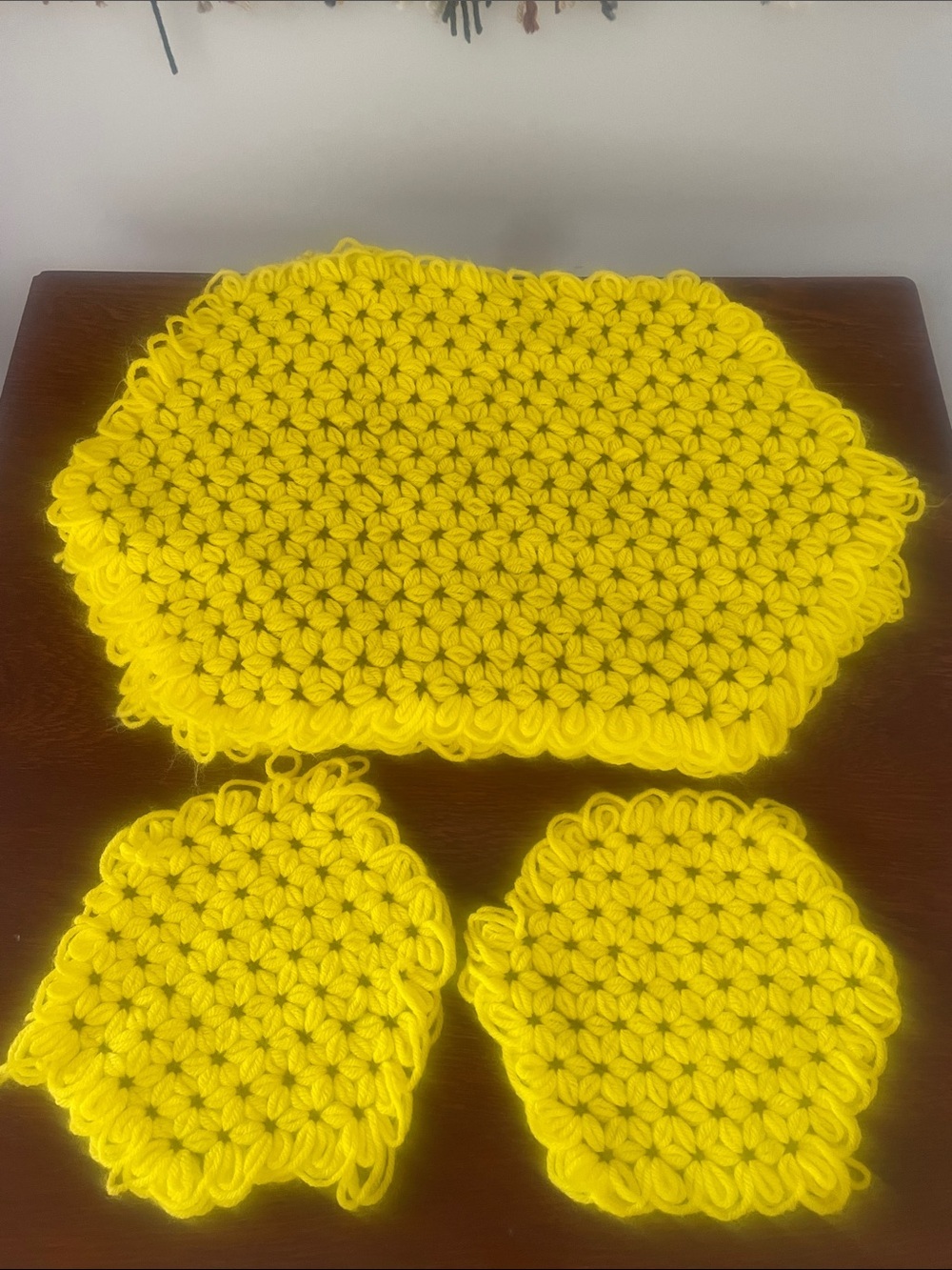 Handmade Bright Yellow Crocheted 6 Placemats with brown dots and trivet  Set